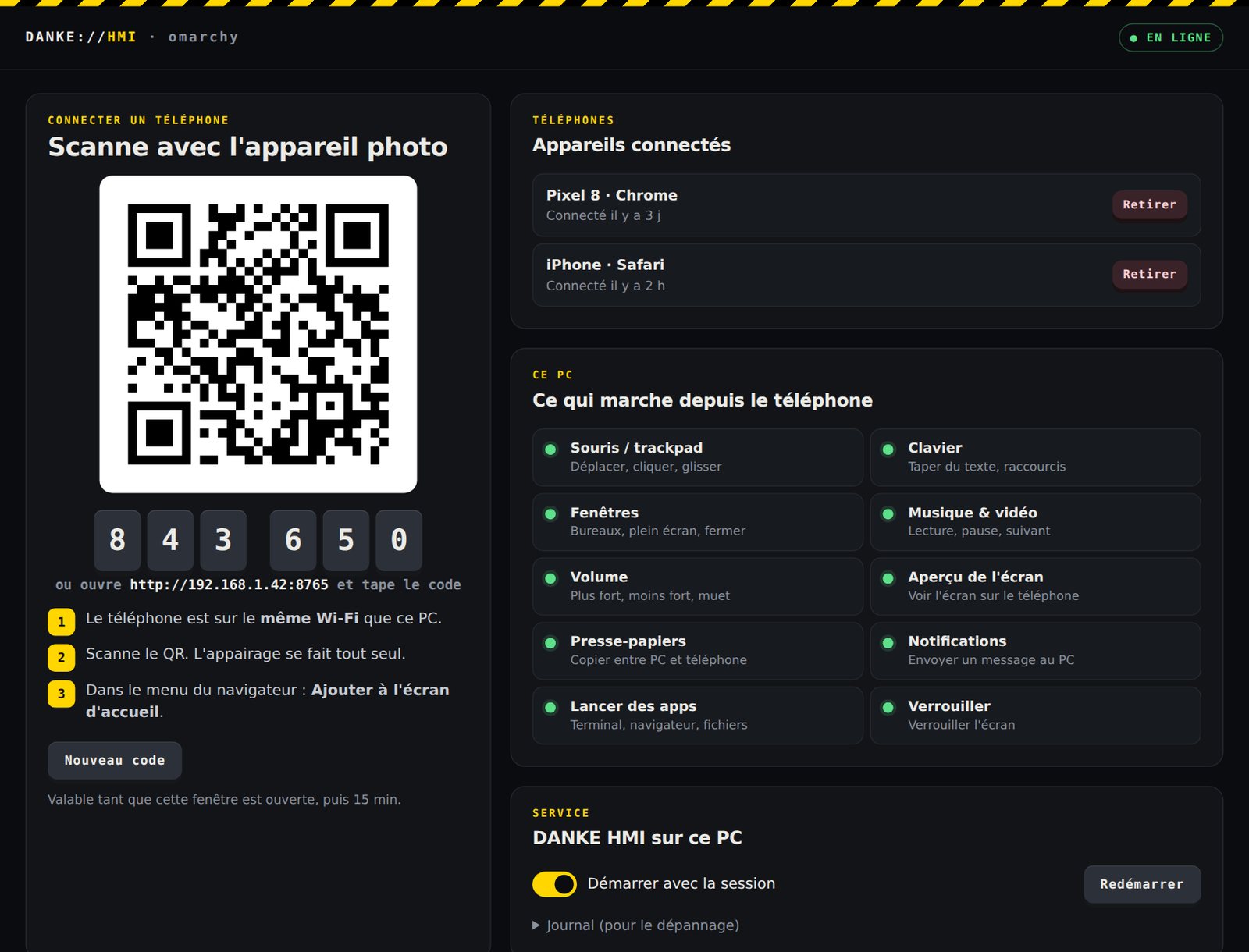 Fenêtre DANKE HMI sur le PC : QR code, code à 6 chiffres, téléphones connectés, fonctions disponibles